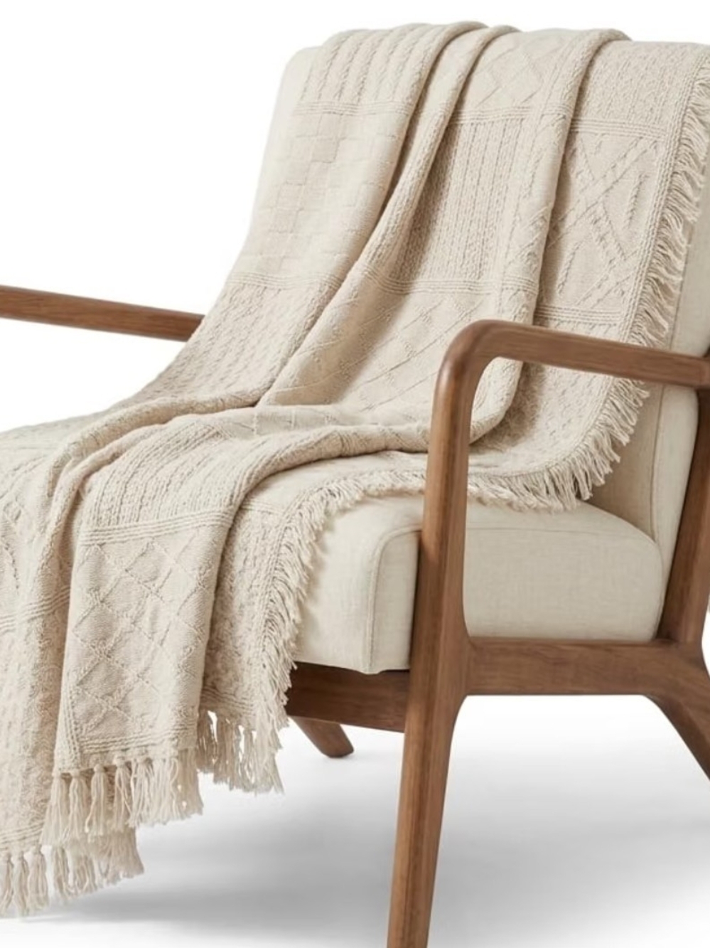 Neutral Irish Fidherman Cotton Fringe Throw Blanket - Size 69x48